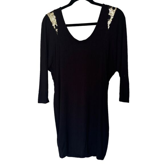 Fitted Black Gold Party Mini Dress Scoop Neck 3/4 Sleeve Sequin Stretch Size S - Picture 1 of 12